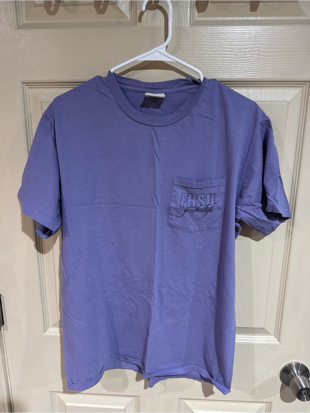 Purple Short Sleeve FHSU Greek Life Sorority Recruitment Pocket Tee
